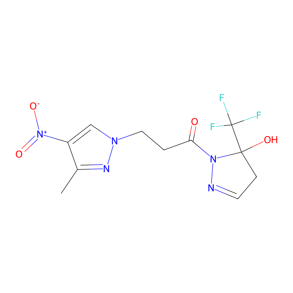 1-[5-hydroxy-5-(trifluoromethyl)-4,5-dihydro-1H-pyrazol-1-yl]-3-(3-methyl-4-nitro-1H-pyrazol-1-yl)propan-1-one molecular structure, CAS 1005688-15-2