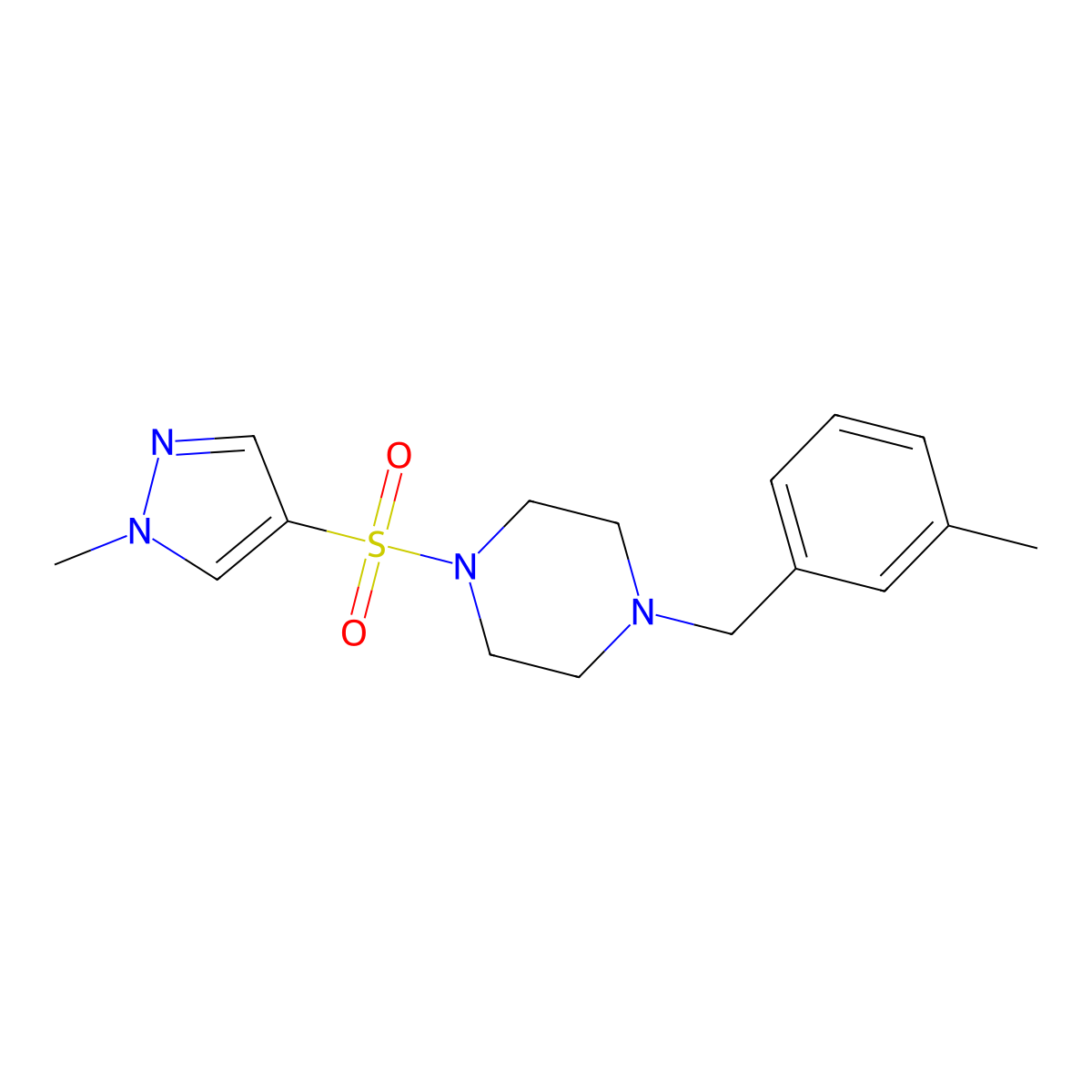 1-(3-methylbenzyl)-4-[(1-methyl-1H-pyrazol-4-yl)sulfonyl]piperazine molecular structure, CAS 1005688-35-6