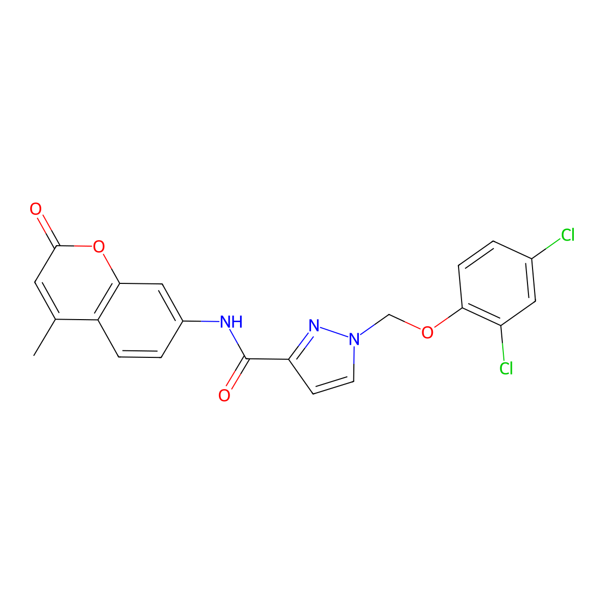 1-[(2,4-dichlorophenoxy)methyl]-N-(4-methyl-2-oxo-2H-chromen-7-yl)-1H-pyrazole-3-carboxamide molecular structure, CAS 1005688-50-5