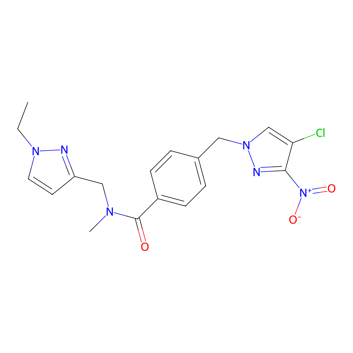 4-[(4-chloro-3-nitro-1H-pyrazol-1-yl)methyl]-N-[(1-ethyl-1H-pyrazol-3-yl)methyl]-N-methylbenzamide molecular structure, CAS 1005688-55-0