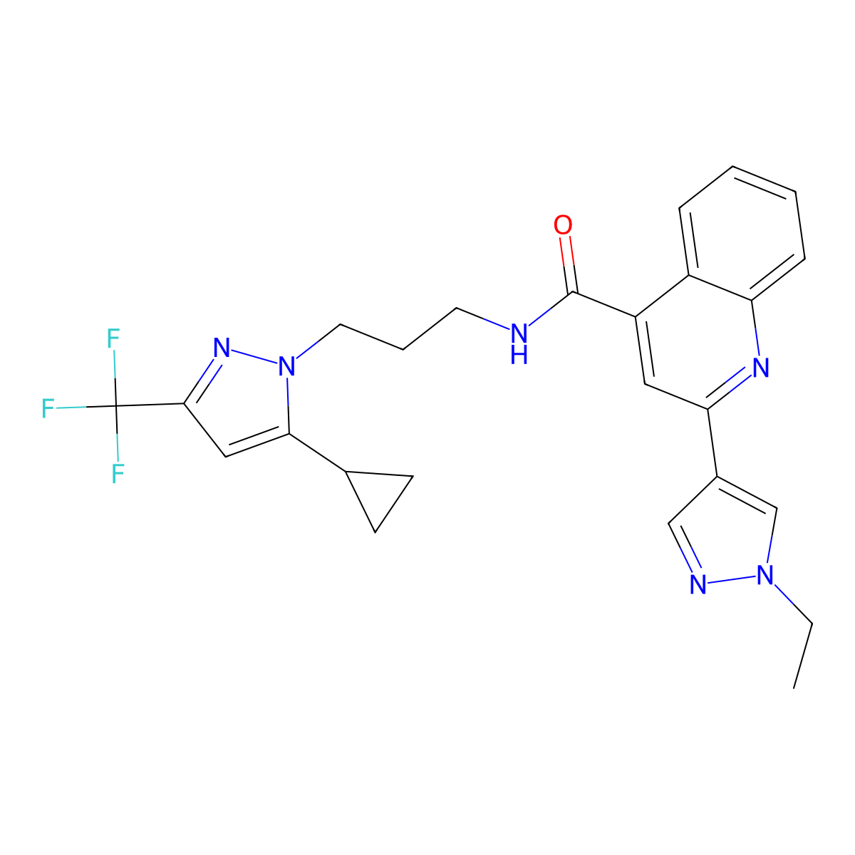 N-{3-[5-cyclopropyl-3-(trifluoromethyl)-1H-pyrazol-1-yl]propyl}-2-(1-ethyl-1H-pyrazol-4-yl)quinoline-4-carboxamide molecular structure, CAS 1005688-57-2