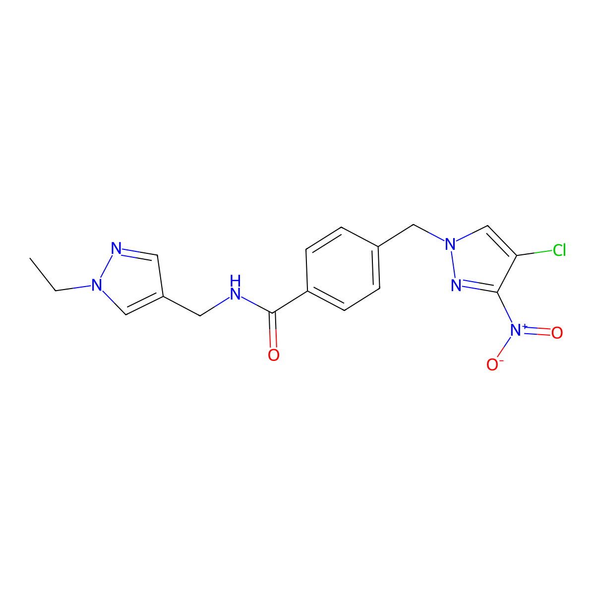 4-[(4-chloro-3-nitro-1H-pyrazol-1-yl)methyl]-N-[(1-ethyl-1H-pyrazol-4-yl)methyl]benzamide molecular structure, CAS 1005689-32-6