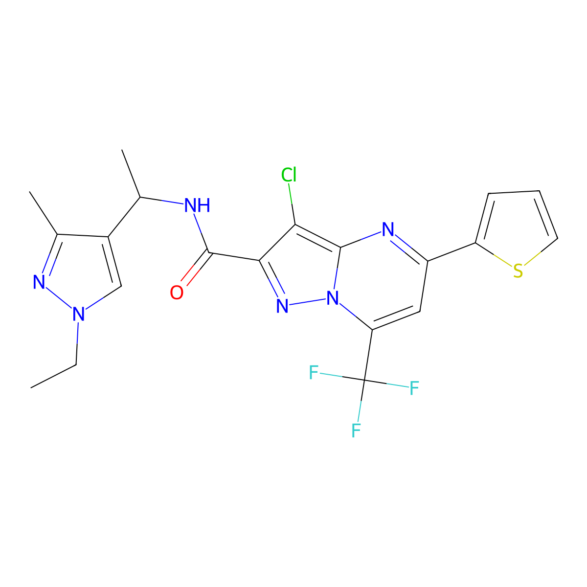 3-chloro-N-[1-(1-ethyl-3-methyl-1H-pyrazol-4-yl)ethyl]-5-(thiophen-2-yl)-7-(trifluoromethyl)pyrazolo[1,5-a]pyrimidine-2-carboxamide molecular structure, CAS 1005689-46-2