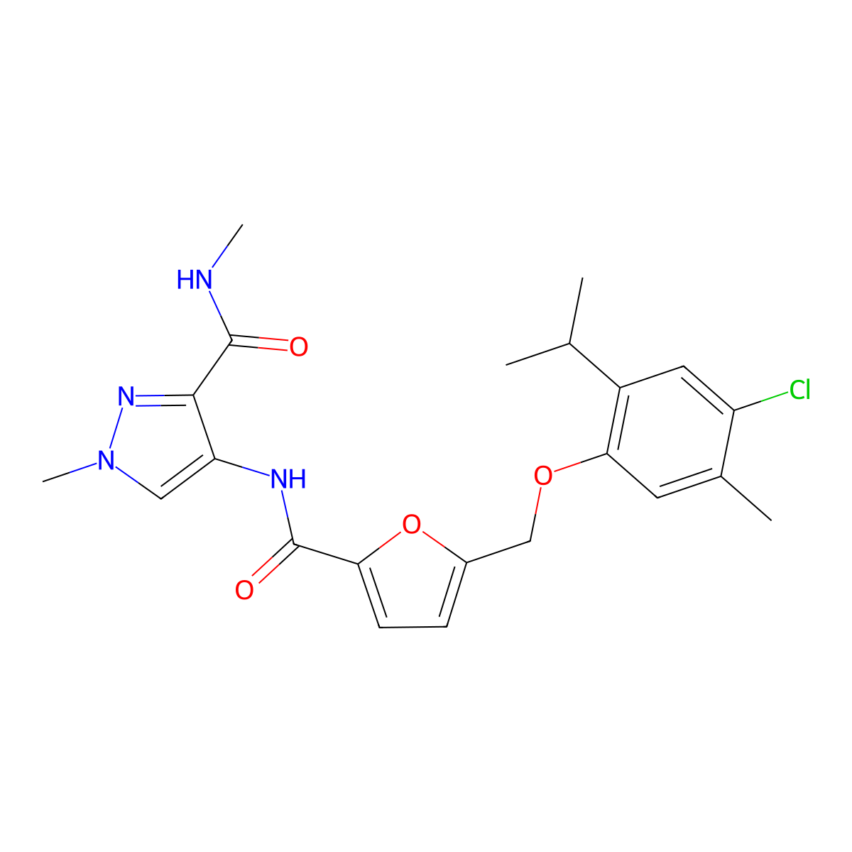 4-{[(5-{[4-chloro-5-methyl-2-(propan-2-yl)phenoxy]methyl}furan-2-yl)carbonyl]amino}-N,1-dimethyl-1H-pyrazole-3-carboxamide molecular structure, CAS 1005689-49-5
