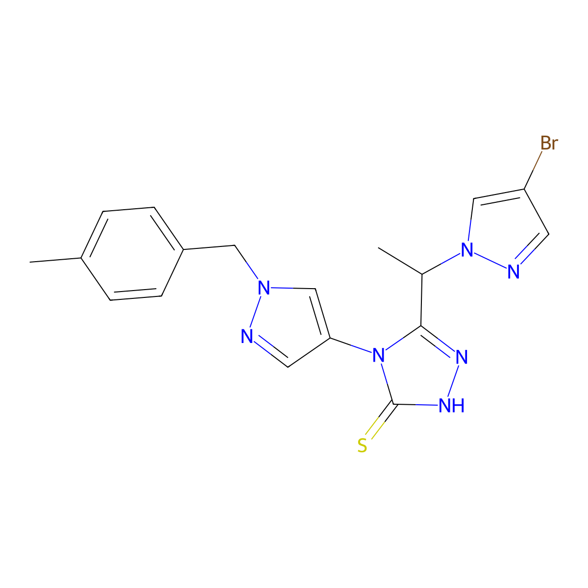 5-[1-(4-bromo-1H-pyrazol-1-yl)ethyl]-4-[1-(4-methylbenzyl)-1H-pyrazol-4-yl]-4H-1,2,4-triazole-3-thiol molecular structure, CAS 1005690-13-0