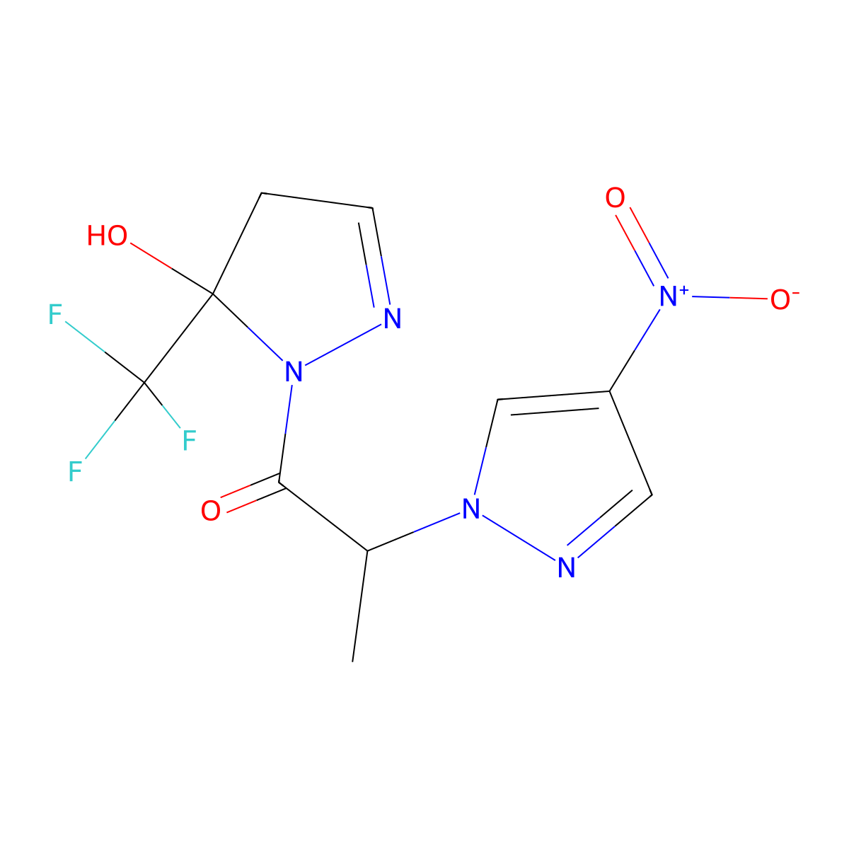 1-[5-hydroxy-5-(trifluoromethyl)-4,5-dihydro-1H-pyrazol-1-yl]-2-(4-nitro-1H-pyrazol-1-yl)propan-1-one molecular structure, CAS 1005690-67-4