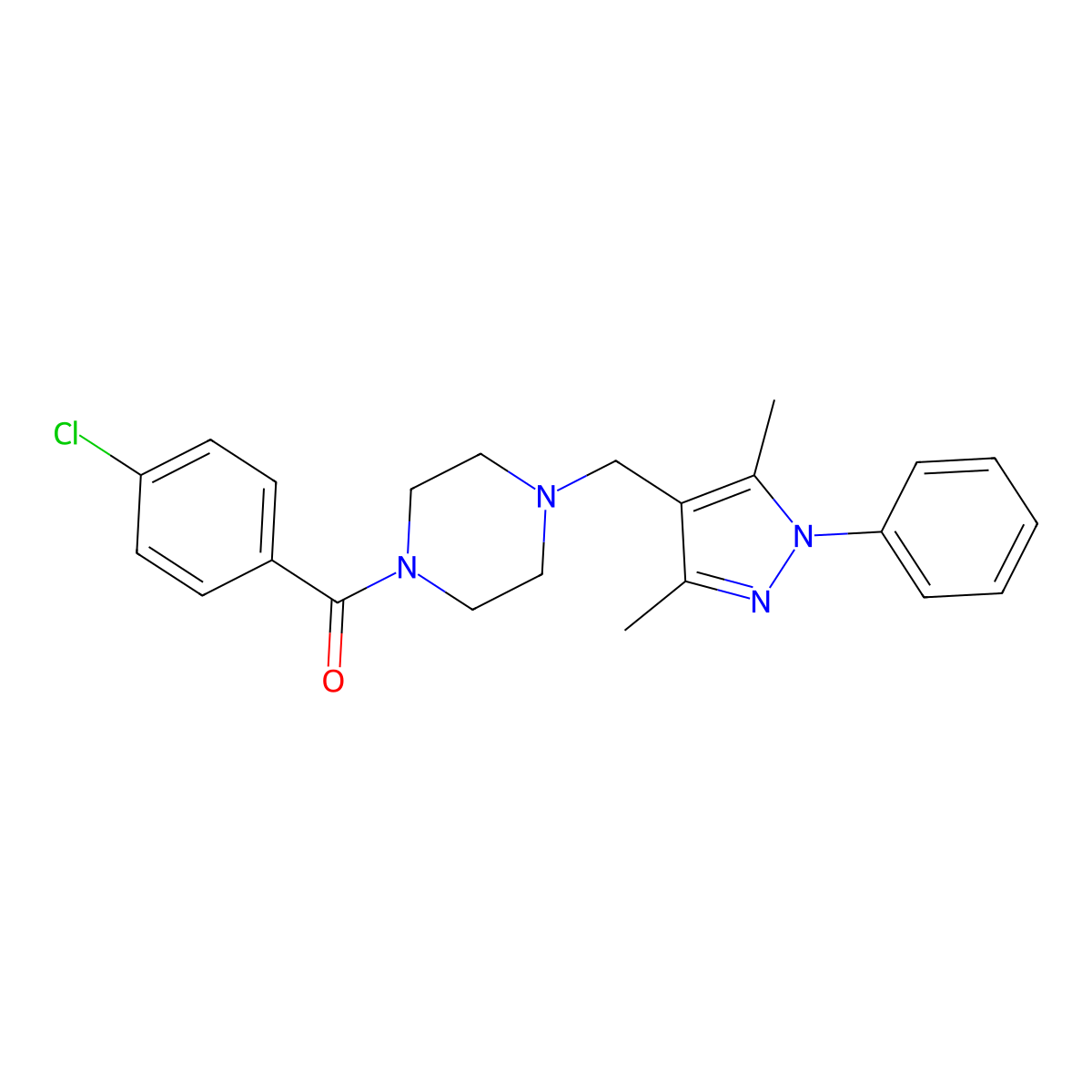 (4-Chlorophenyl)-[4-[(3,5-dimethyl-1-phenylpyrazol-4-yl)methyl]piperazin-1-yl]methanone molecular structure, CAS 1005691-07-5