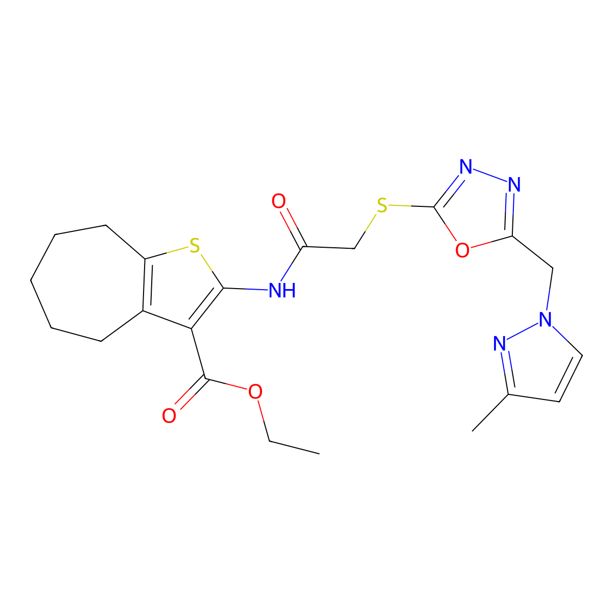 ethyl 2-{[({5-[(3-methyl-1H-pyrazol-1-yl)methyl]-1,3,4-oxadiazol-2-yl}sulfanyl)acetyl]amino}-5,6,7,8-tetrahydro-4H-cyclohepta[b]thiophene-3-carboxylate molecular structure, CAS 1005691-08-6