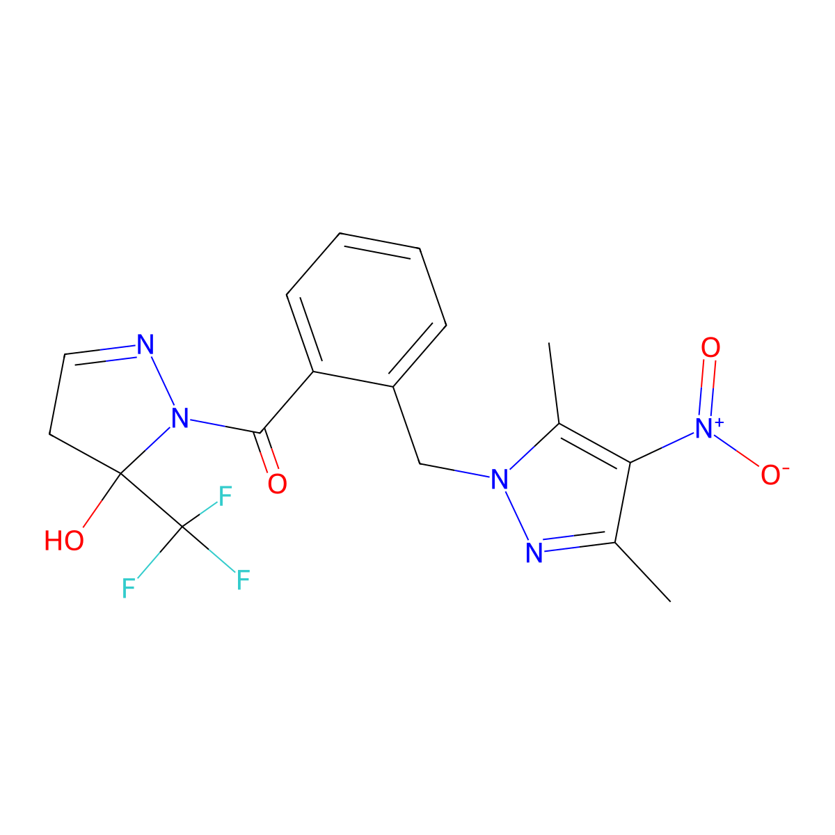 {2-[(3,5-dimethyl-4-nitro-1H-pyrazol-1-yl)methyl]phenyl}[5-hydroxy-5-(trifluoromethyl)-4,5-dihydro-1H-pyrazol-1-yl]methanone molecular structure, CAS 1005691-19-9