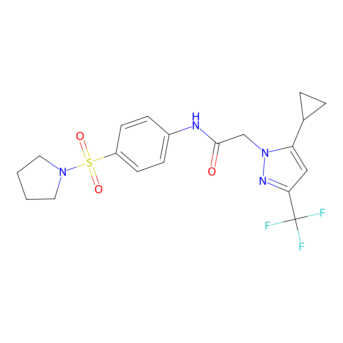 2-[5-cyclopropyl-3-(trifluoromethyl)pyrazol-1-yl]-N-(4-pyrrolidin-1-ylsulfonylphenyl)acetamide molecular structure, CAS 1005691-26-8