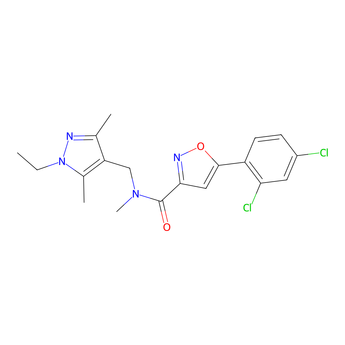 5-(2,4-dichlorophenyl)-N-[(1-ethyl-3,5-dimethyl-1H-pyrazol-4-yl)methyl]-N-methyl-1,2-oxazole-3-carboxamide molecular structure, CAS 1005691-41-7