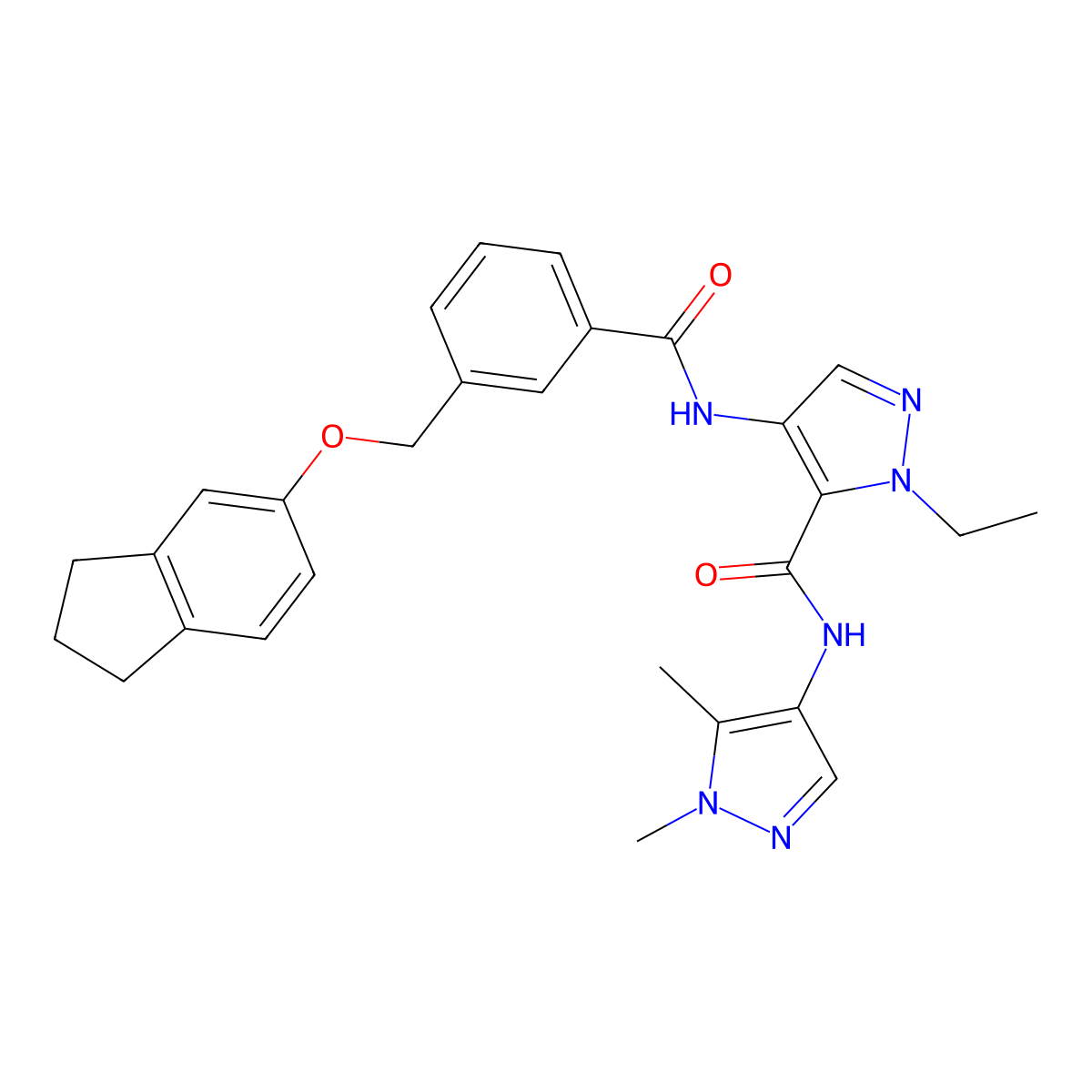 4-[({3-[(2,3-dihydro-1H-inden-5-yloxy)methyl]phenyl}carbonyl)amino]-N-(1,5-dimethyl-1H-pyrazol-4-yl)-1-ethyl-1H-pyrazole-5-carboxamide molecular structure, CAS 1005691-43-9