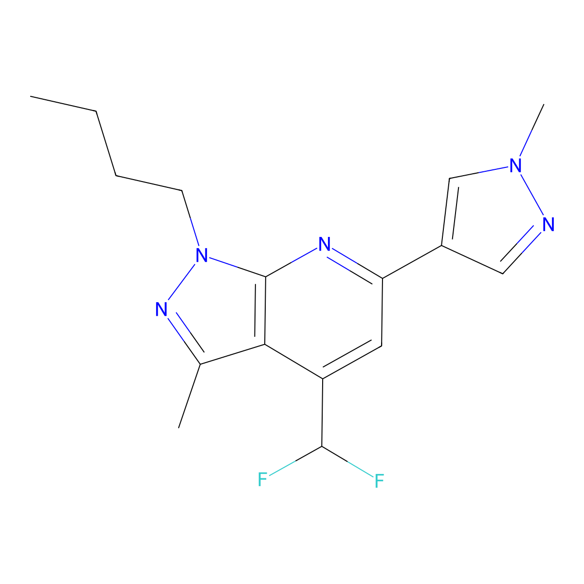1-butyl-4-(difluoromethyl)-3-methyl-6-(1-methyl-1H-pyrazol-4-yl)-1H-pyrazolo[3,4-b]pyridine molecular structure, CAS 1005691-50-8