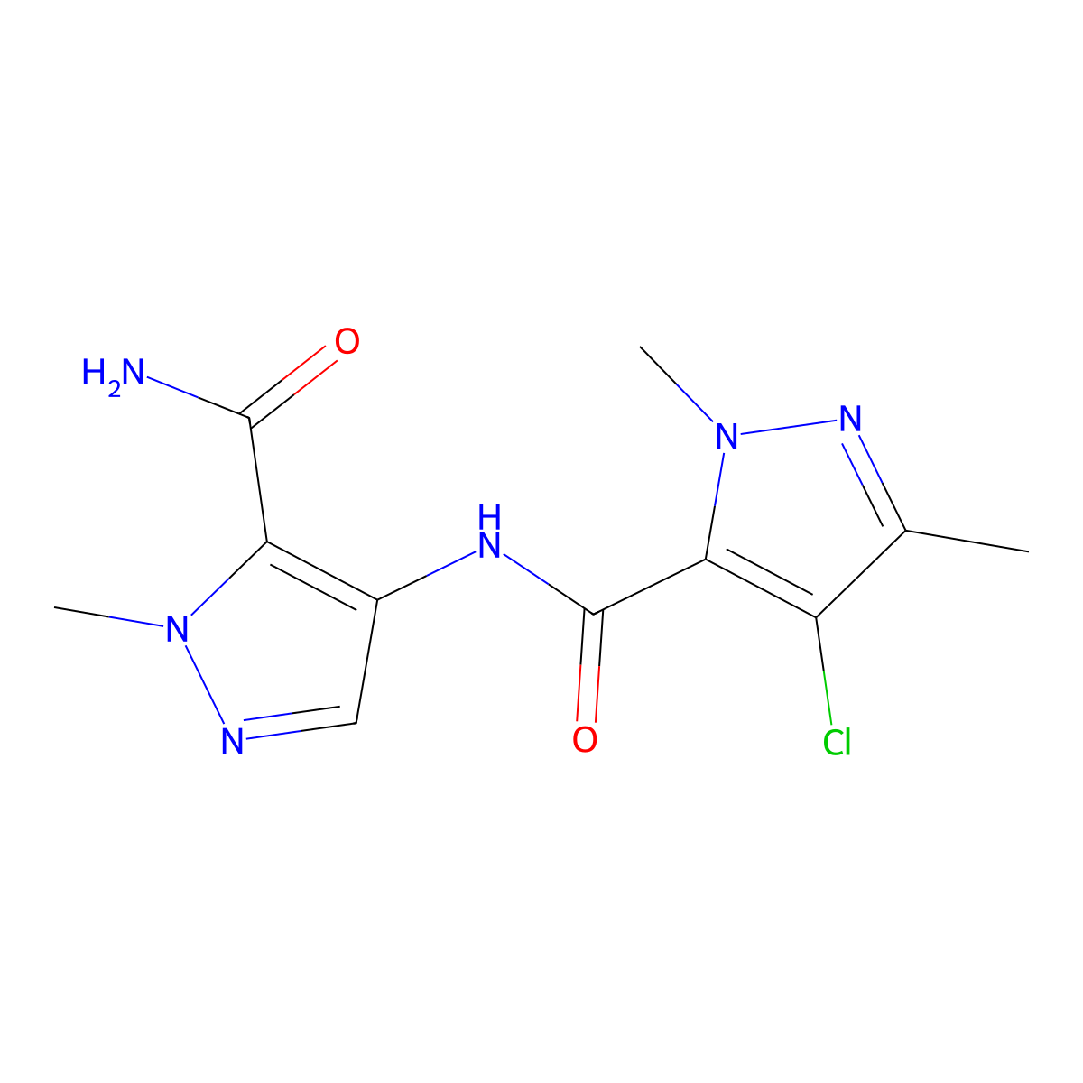 N-(5-carbamoyl-1-methylpyrazol-4-yl)-4-chloro-2,5-dimethylpyrazole-3-carboxamide molecular structure, CAS 1005691-96-2