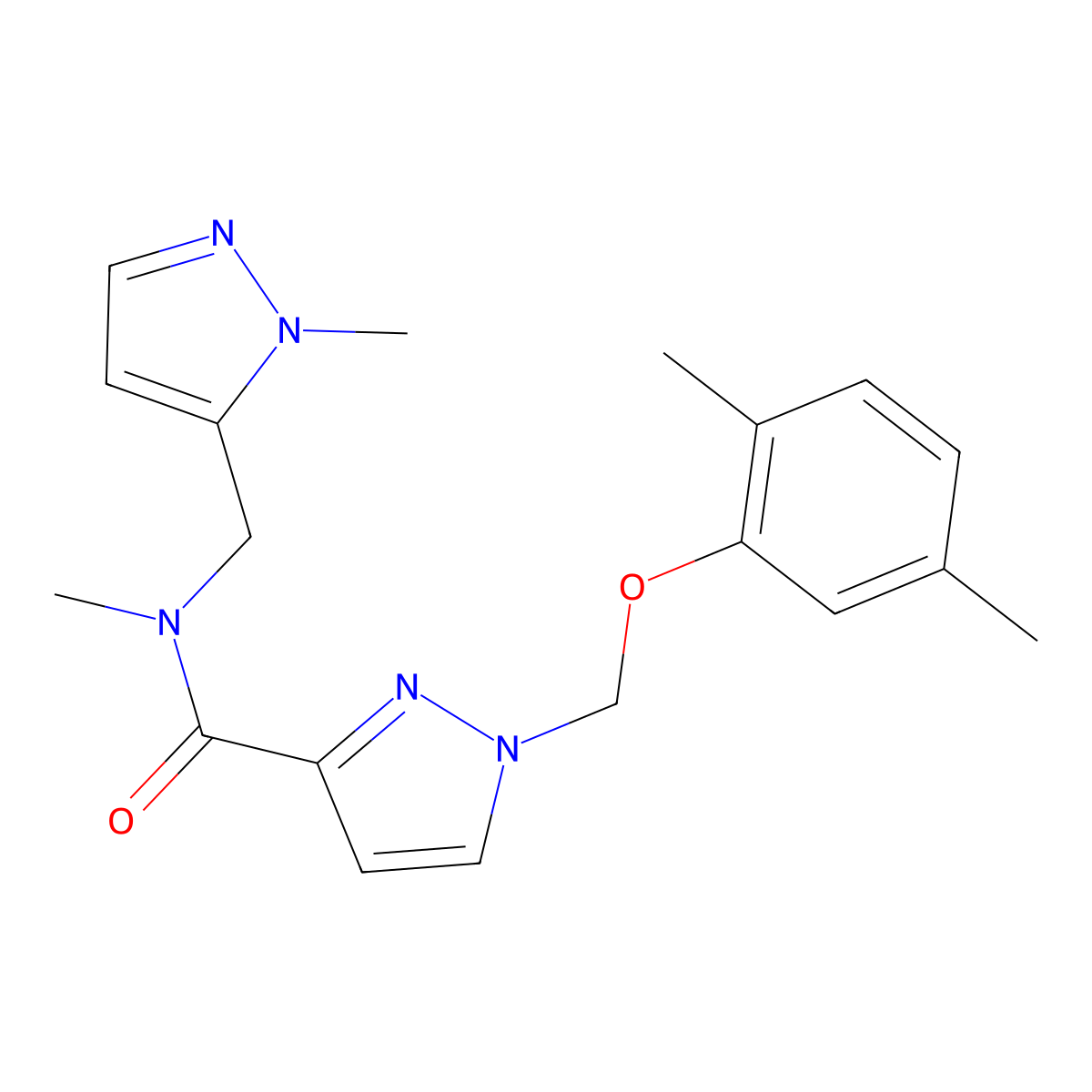 1-[(2,5-dimethylphenoxy)methyl]-N-methyl-N-[(1-methyl-1H-pyrazol-5-yl)methyl]-1H-pyrazole-3-carboxamide molecular structure, CAS 1005692-48-7