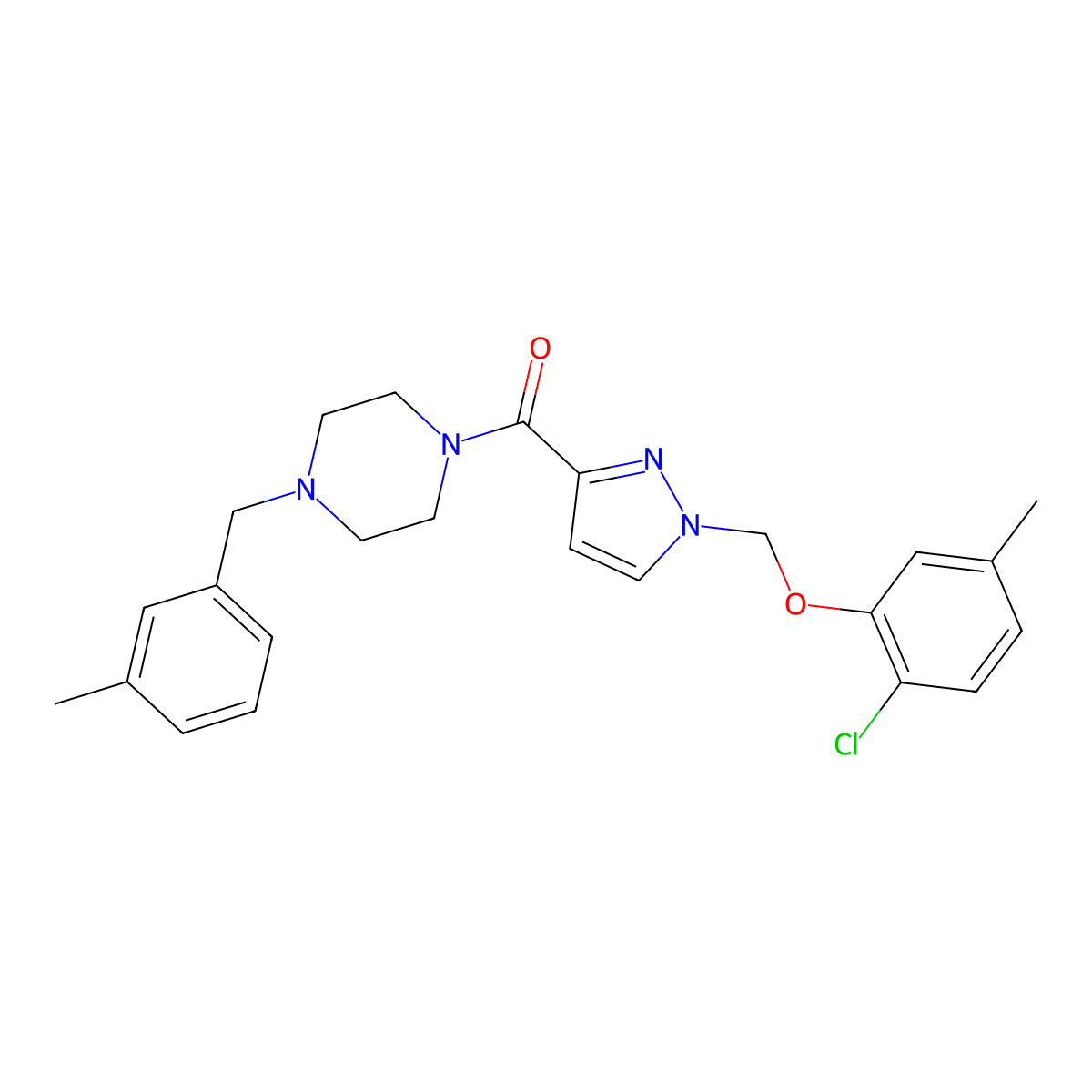 {1-[(2-chloro-5-methylphenoxy)methyl]-1H-pyrazol-3-yl}[4-(3-methylbenzyl)piperazin-1-yl]methanone molecular structure, CAS 1005692-58-9