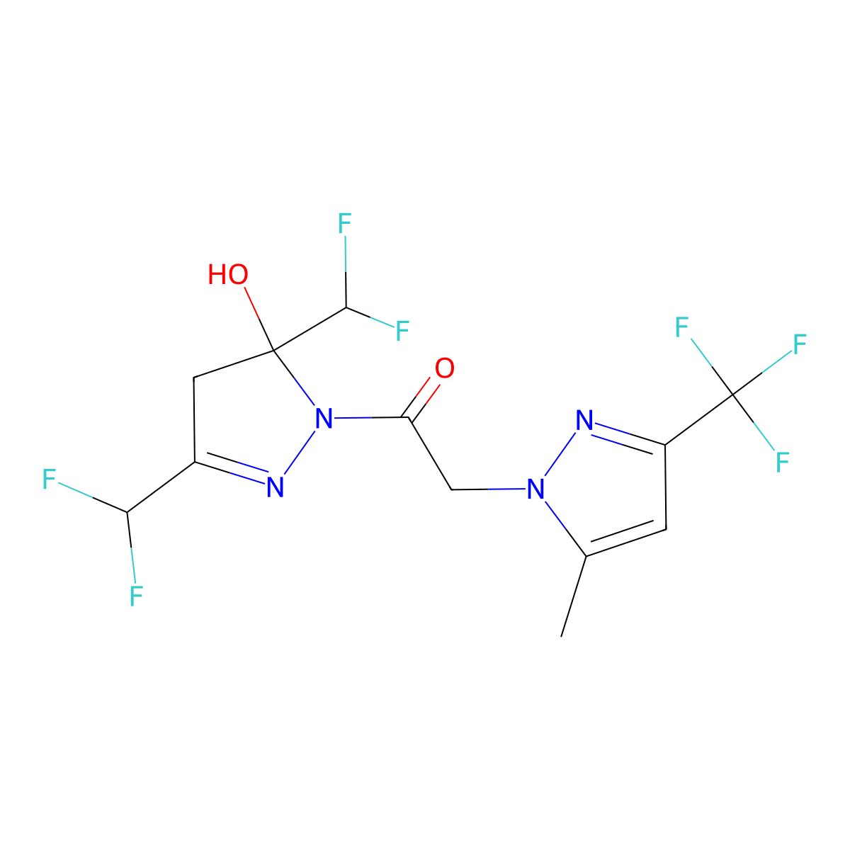 1-[3,5-bis(difluoromethyl)-5-hydroxy-4H-pyrazol-1-yl]-2-[5-methyl-3-(trifluoromethyl)pyrazol-1-yl]ethanone molecular structure, CAS 1005693-26-4