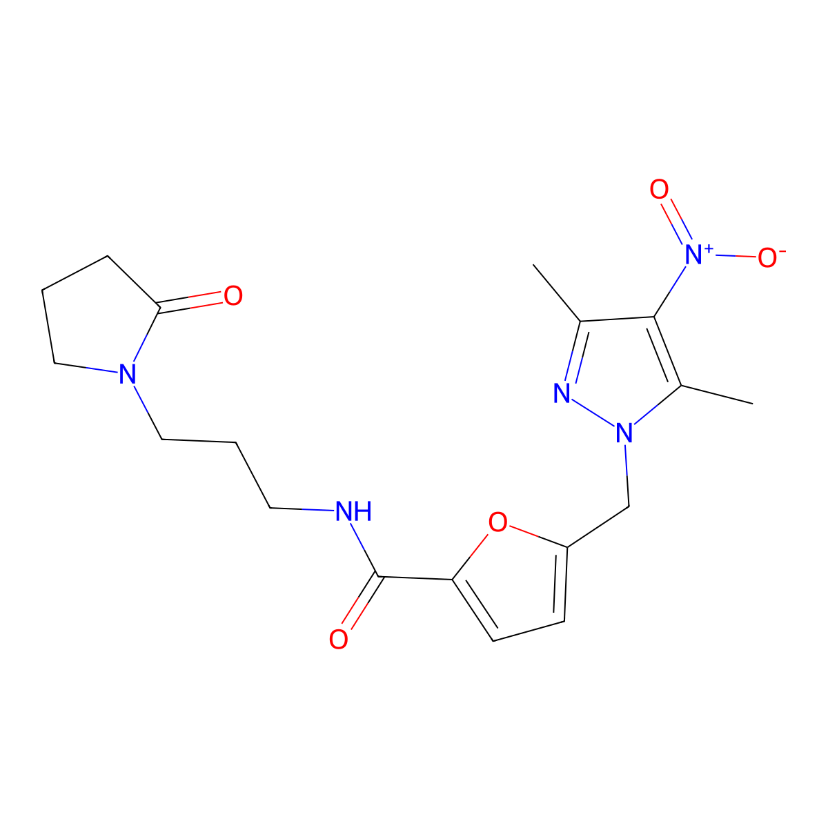 5-[(3,5-dimethyl-4-nitro-1H-pyrazol-1-yl)methyl]-N-[3-(2-oxopyrrolidin-1-yl)propyl]furan-2-carboxamide molecular structure, CAS 1005693-58-2