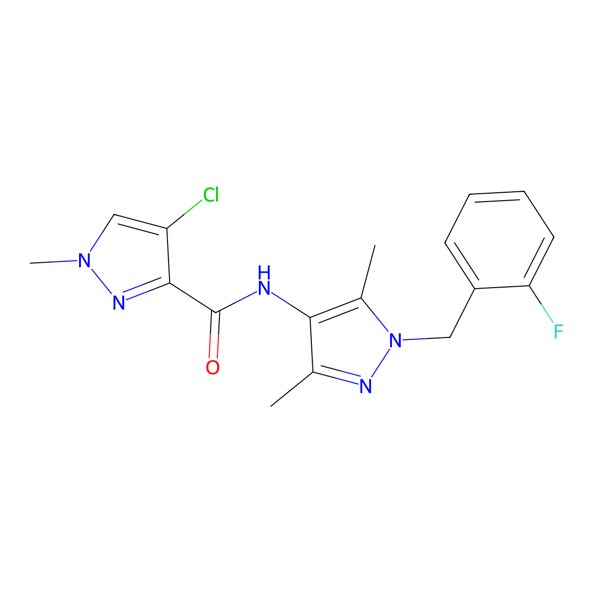 4-chloro-N-[1-[(2-fluorophenyl)methyl]-3,5-dimethylpyrazol-4-yl]-1-methylpyrazole-3-carboxamide molecular structure, CAS 1005693-63-9