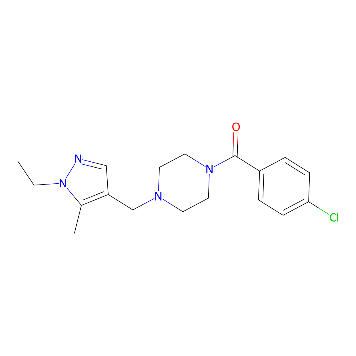 (4-Chlorophenyl)-[4-[(1-ethyl-5-methylpyrazol-4-yl)methyl]piperazin-1-yl]methanone molecular structure, CAS 1005693-64-0