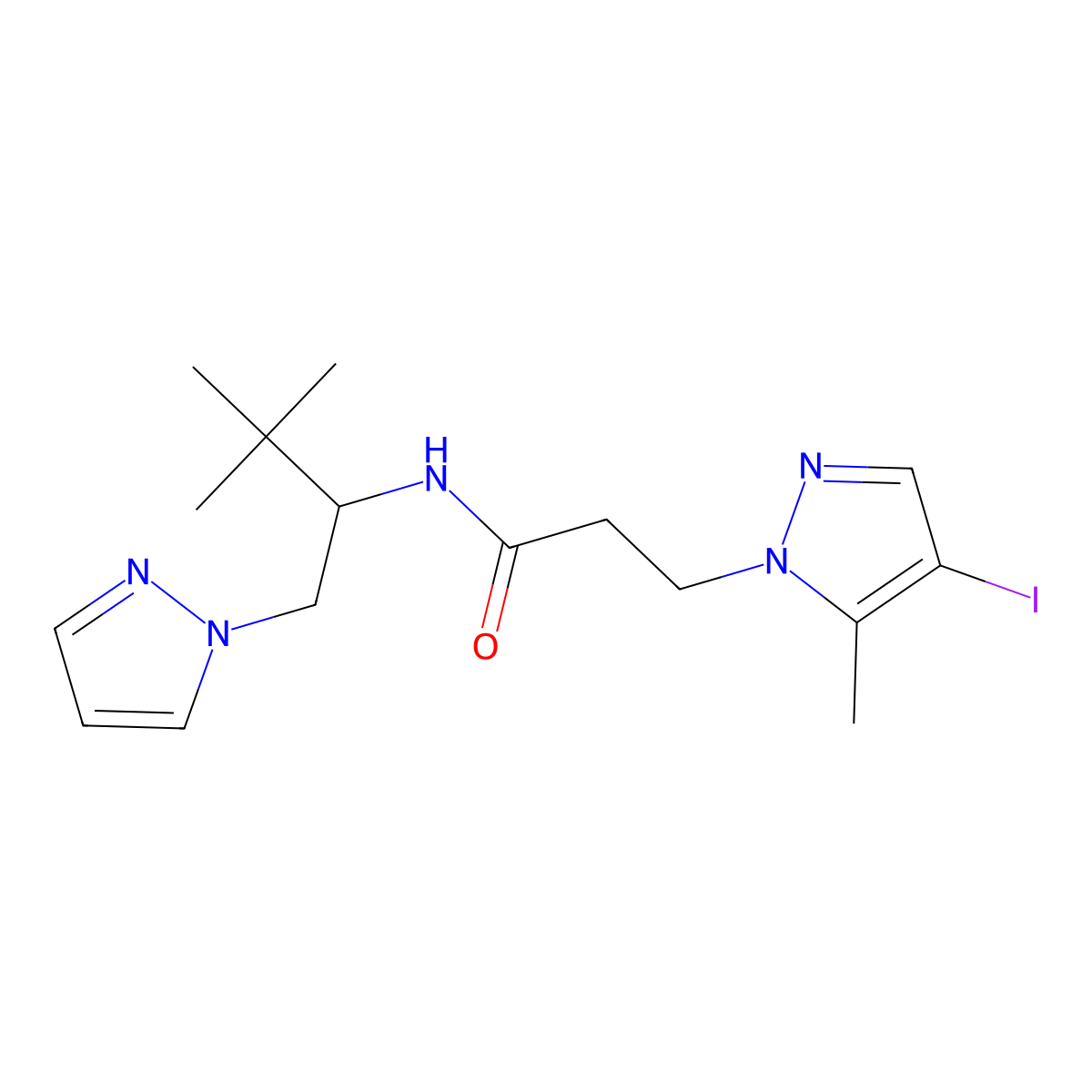 N-(3,3-dimethyl-1-pyrazol-1-ylbutan-2-yl)-3-(4-iodo-5-methylpyrazol-1-yl)propanamide molecular structure, CAS 1005693-80-0