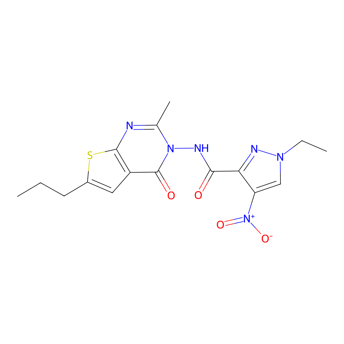 1-Ethyl-N-[2-methyl-4-oxo-6-propylthieno[2,3-D]pyrimidin-3(4H)-YL]-4-nitro-1H-pyrazole-3-carboxamide molecular structure, CAS 1005693-91-3