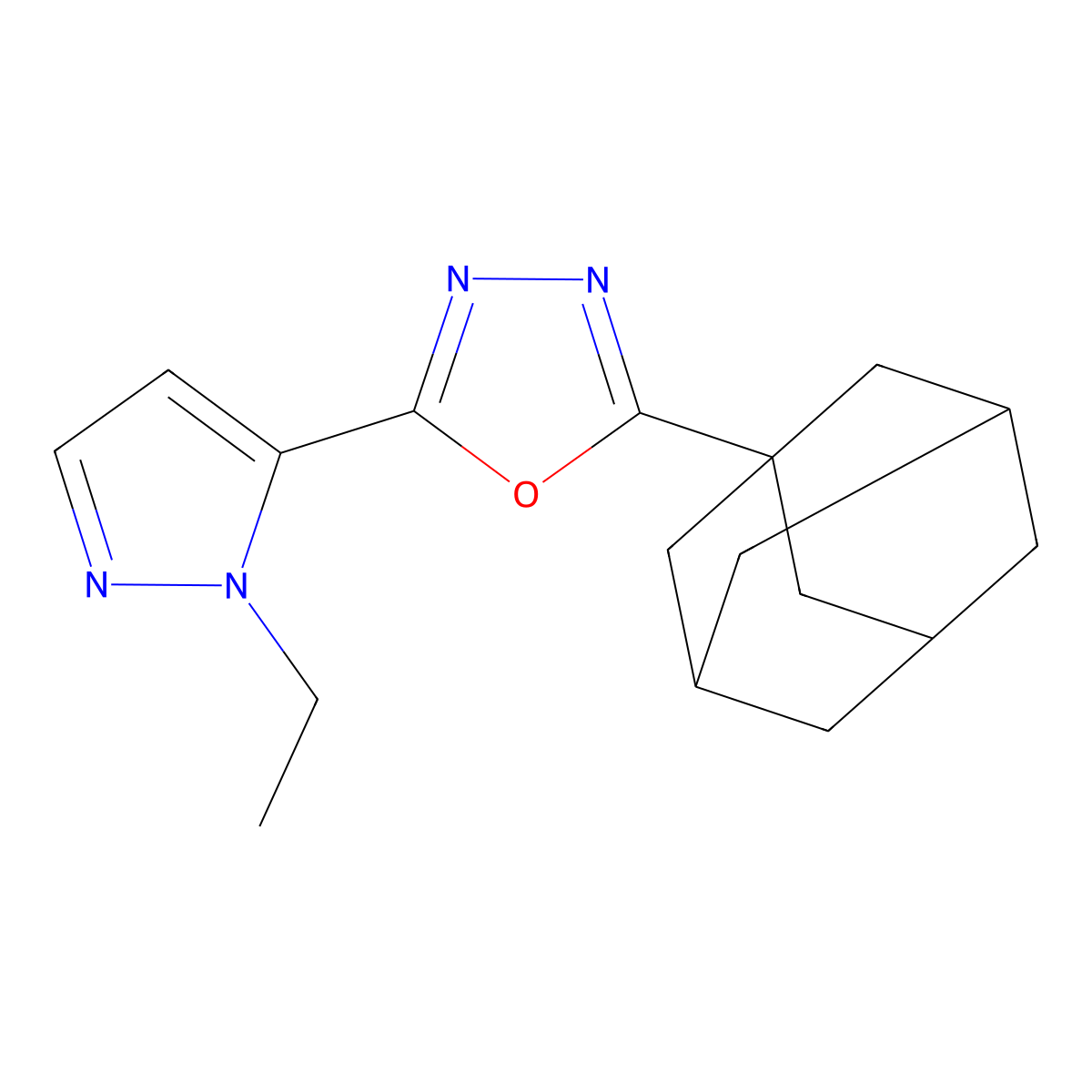 5-Adamantanyl-2-(1-ethylpyrazol-5-yl)-1,3,4-oxadiazole molecular structure, CAS 1005694-01-8