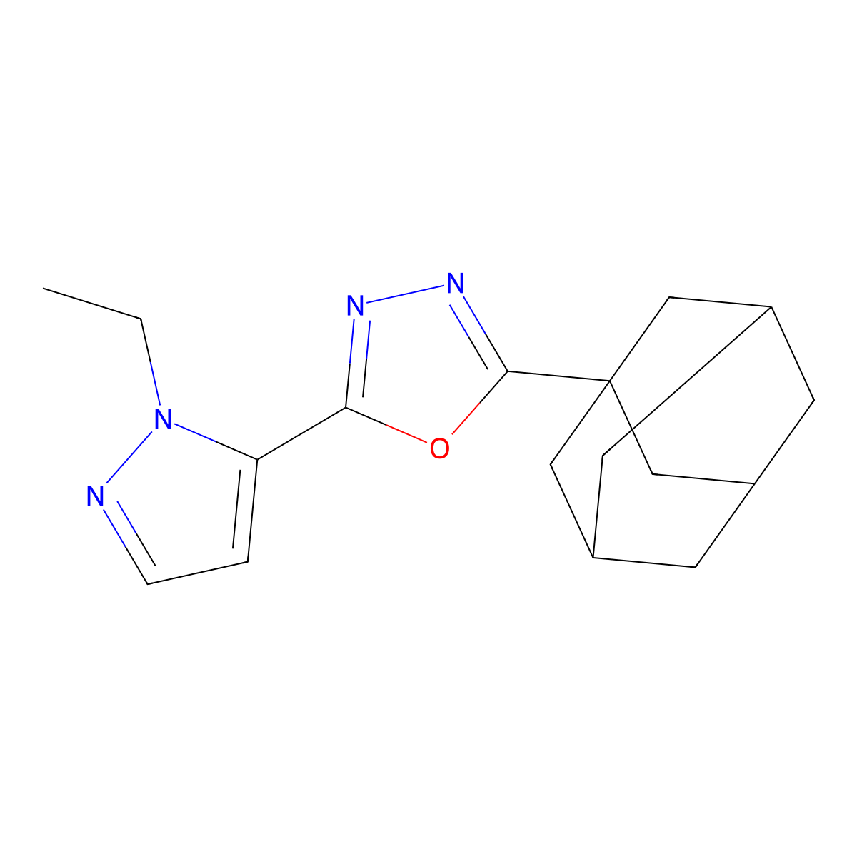 5-Adamantanyl-2-(1-ethylpyrazol-5-yl)-1,3,4-oxadiazole molecular structure, CAS 1005694-01-8