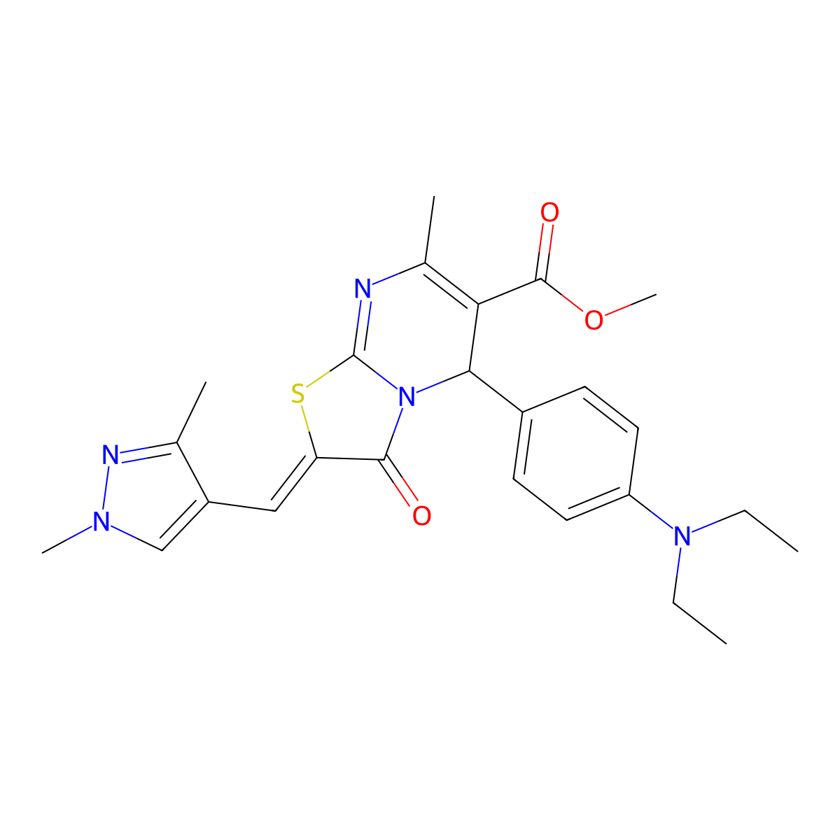 Methyl 5-[4-(diethylamino)phenyl]-2-[(1,3-dimethyl-1H-pyrazol-4-yl)methylene]-2,3-dihydro-7-methyl-3-oxo-5H-thiazolo[3,2-a]pyrimidine-6-carboxylate molecular structure, CAS 1005694-22-3