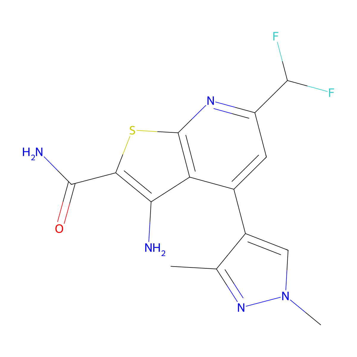 3-amino-6-(difluoromethyl)-4-(1,3-dimethyl-1H-pyrazol-4-yl)thieno[2,3-b]pyridine-2-carboxamide molecular structure, CAS 1005694-50-7