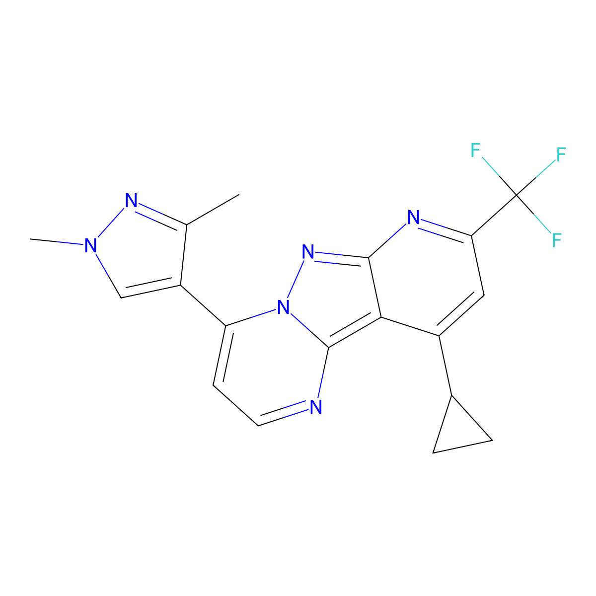 10-cyclopropyl-4-(1,3-dimethyl-1H-pyrazol-4-yl)-8-(trifluoromethyl)pyrido[2',3':3,4]pyrazolo[1,5-a]pyrimidine molecular structure, CAS 1005694-59-6