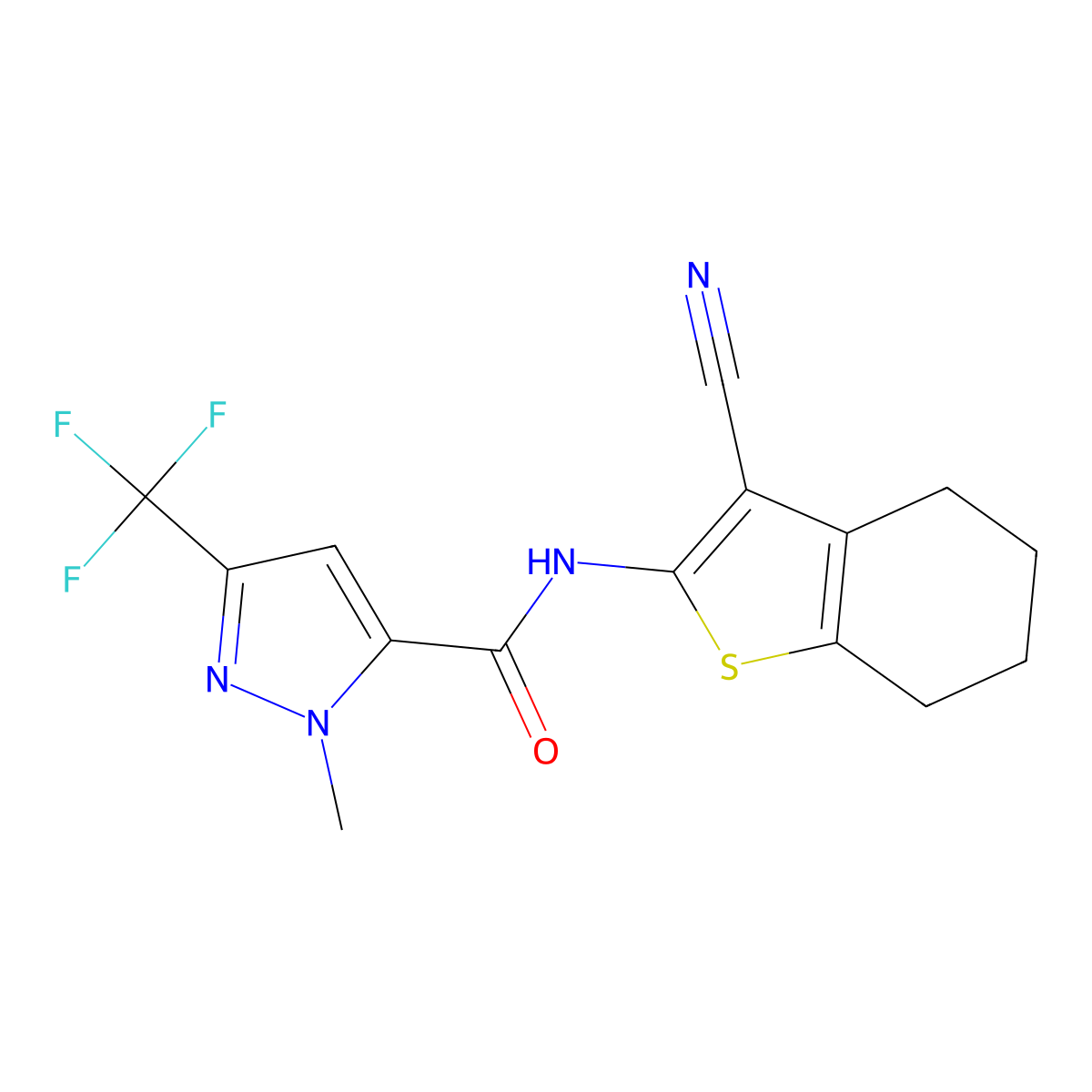 N-(3-cyano-4,5,6,7-tetrahydro-1-benzothiophen-2-yl)-2-methyl-5-(trifluoromethyl)pyrazole-3-carboxamide molecular structure, CAS 1005694-68-7
