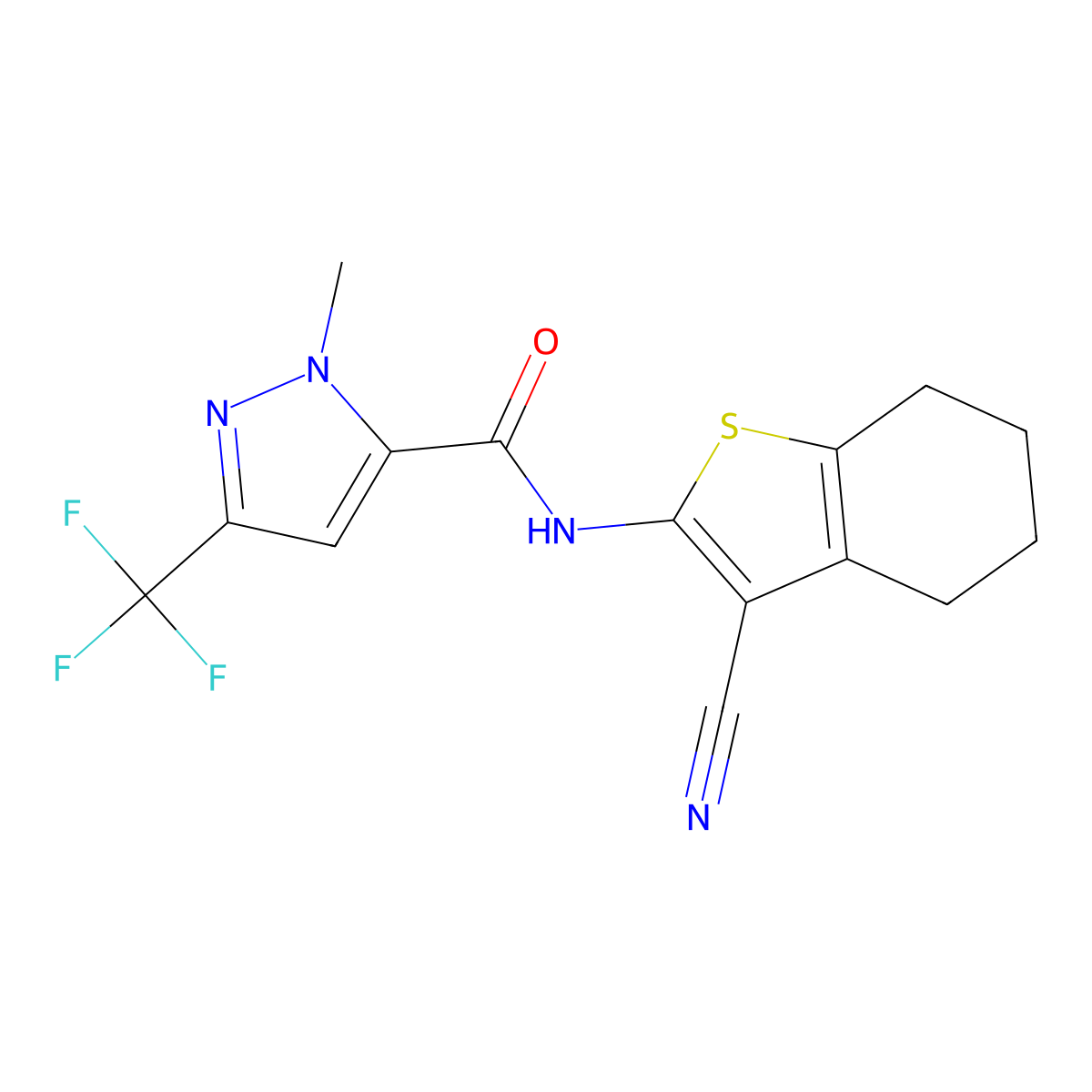 N-(3-cyano-4,5,6,7-tetrahydro-1-benzothiophen-2-yl)-2-methyl-5-(trifluoromethyl)pyrazole-3-carboxamide molecular structure, CAS 1005694-68-7