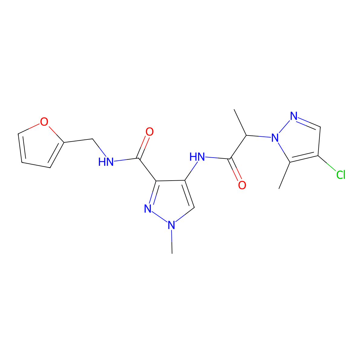 4-[2-(4-chloro-5-methylpyrazol-1-yl)propanoylamino]-N-(furan-2-ylmethyl)-1-methylpyrazole-3-carboxamide molecular structure, CAS 1005694-69-8