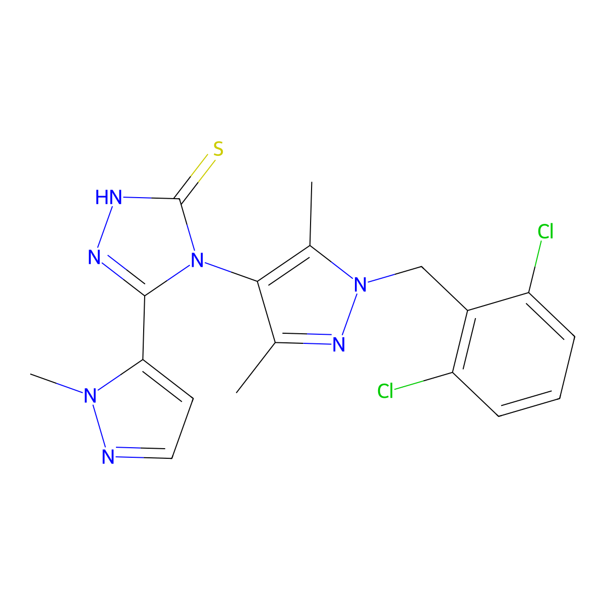 4-[1-(2,6-dichlorobenzyl)-3,5-dimethyl-1H-pyrazol-4-yl]-5-(1-methyl-1H-pyrazol-5-yl)-4H-1,2,4-triazole-3-thiol molecular structure, CAS 1005694-81-4