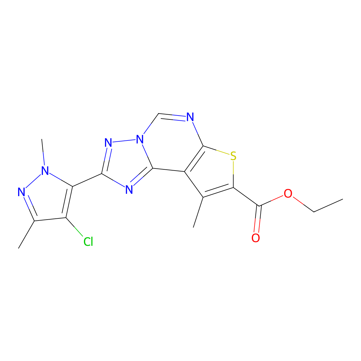 ethyl 2-(4-chloro-1,3-dimethyl-1H-pyrazol-5-yl)-9-methylthieno[3,2-e][1,2,4]triazolo[1,5-c]pyrimidine-8-carboxylate molecular structure, CAS 1005695-51-1
