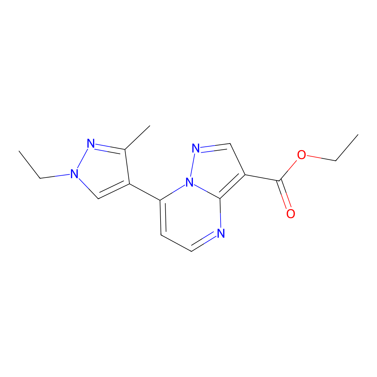 ethyl 7-(1-ethyl-3-methyl-1H-pyrazol-4-yl)pyrazolo[1,5-a]pyrimidine-3-carboxylate molecular structure, CAS 1005695-87-3