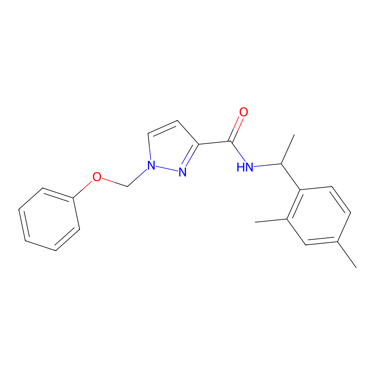 N-[1-(2,4-dimethylphenyl)ethyl]-1-(phenoxymethyl)pyrazole-3-carboxamide molecular structure, CAS 1005695-95-3