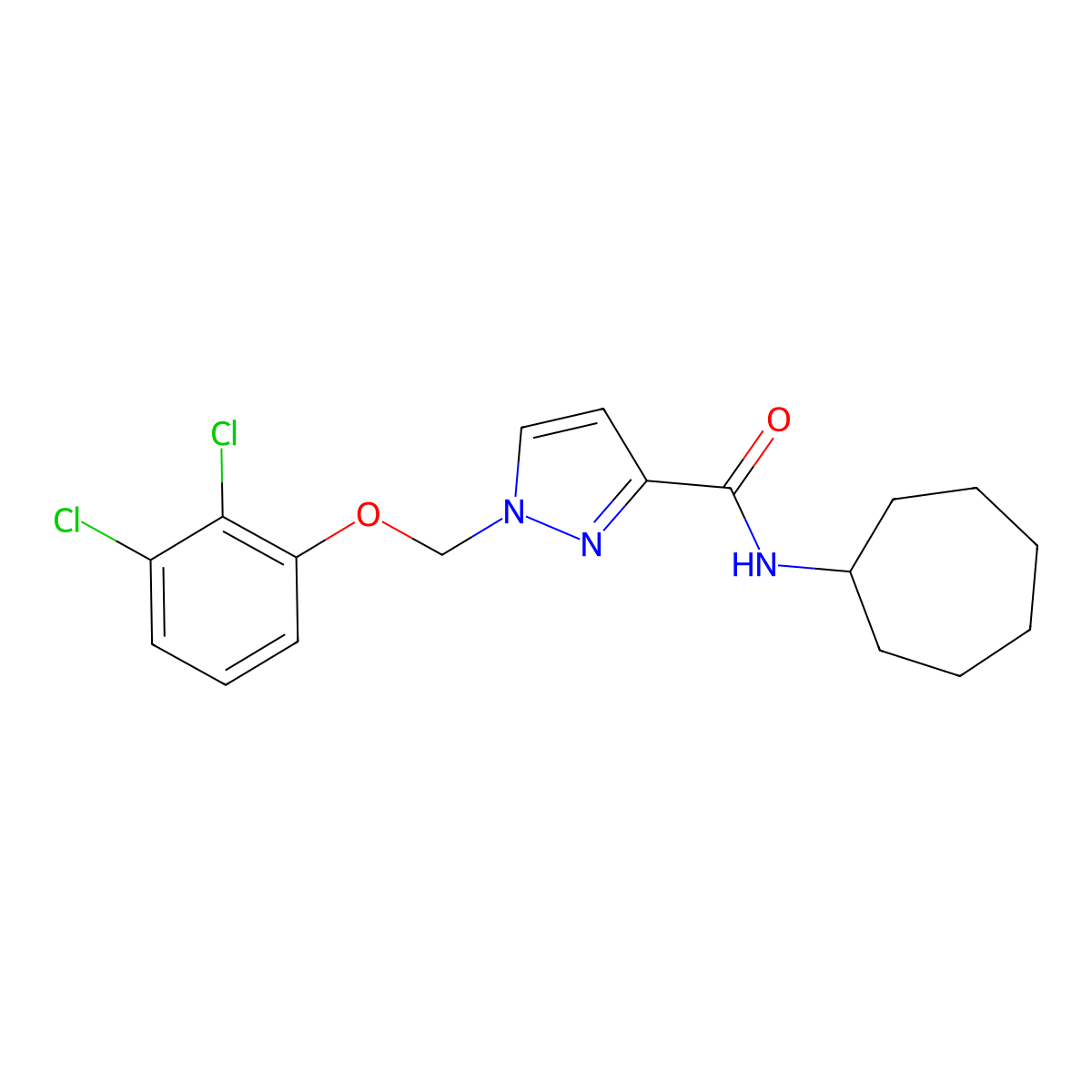 N-cycloheptyl-1-[(2,3-dichlorophenoxy)methyl]pyrazole-3-carboxamide molecular structure, CAS 1005696-08-1