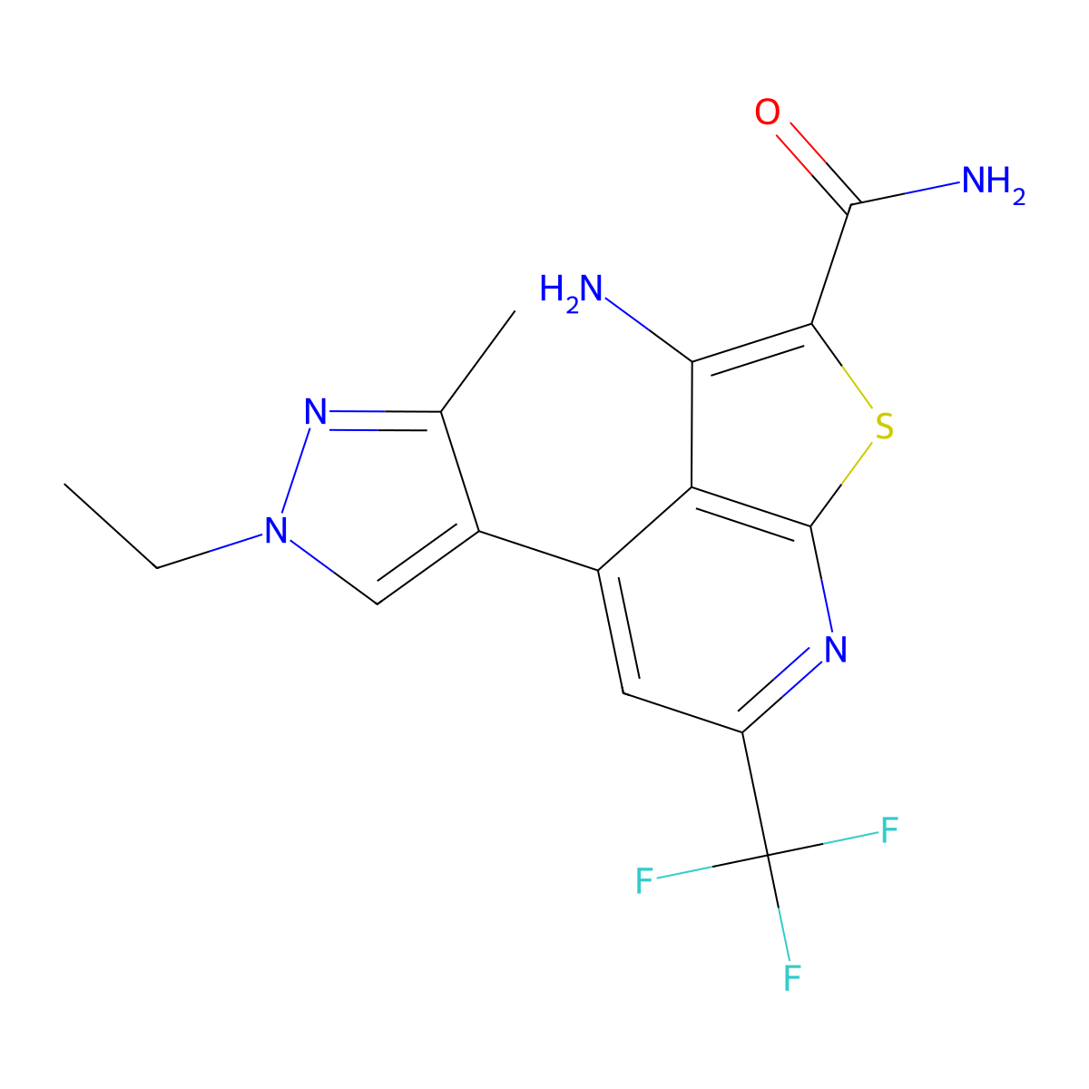 3-amino-4-(1-ethyl-3-methyl-1H-pyrazol-4-yl)-6-(trifluoromethyl)thieno[2,3-b]pyridine-2-carboxamide molecular structure, CAS 1005696-22-9