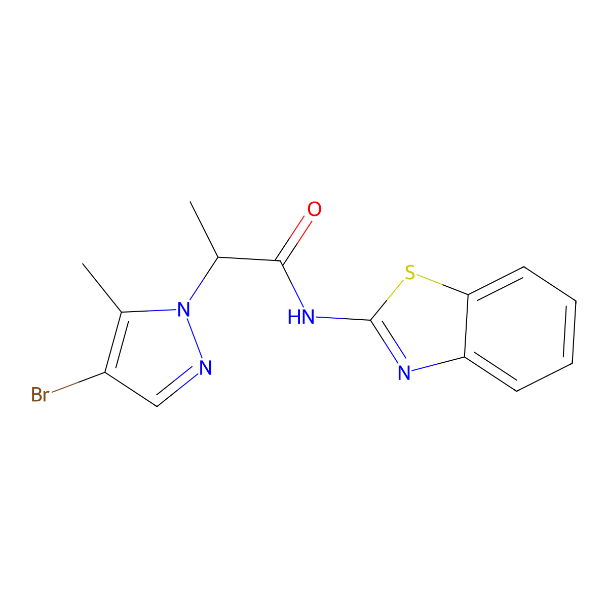 N-(1,3-benzothiazol-2-yl)-2-(4-bromo-5-methyl-1H-pyrazol-1-yl)propanamide molecular structure, CAS 1005696-36-5