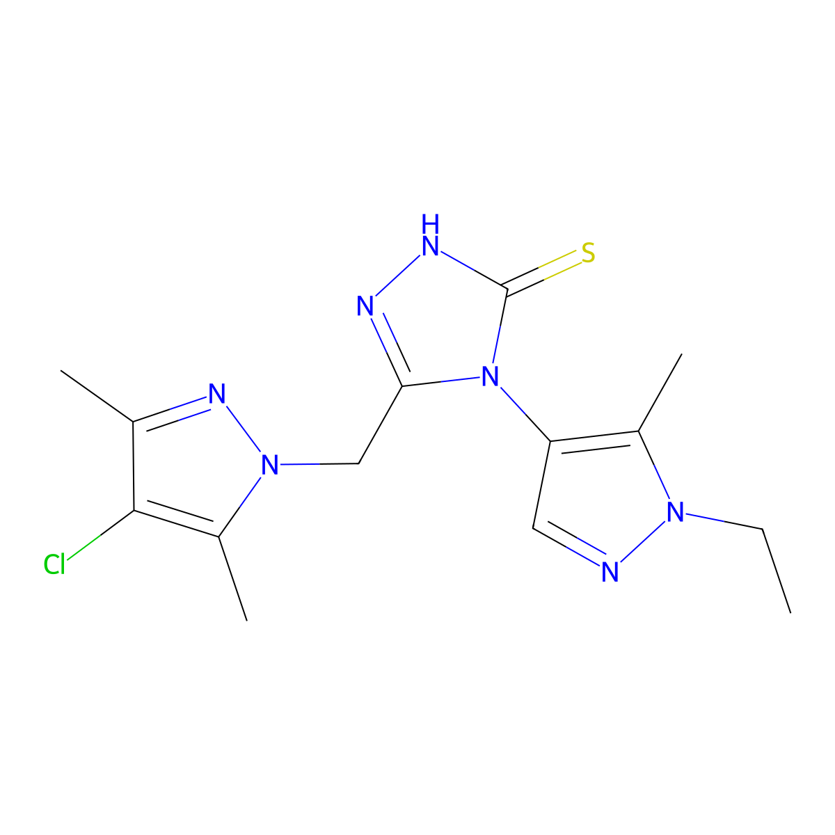3-[(4-chloro-3,5-dimethylpyrazol-1-yl)methyl]-4-(1-ethyl-5-methylpyrazol-4-yl)-1H-1,2,4-triazole-5-thione molecular structure, CAS 1005696-43-4