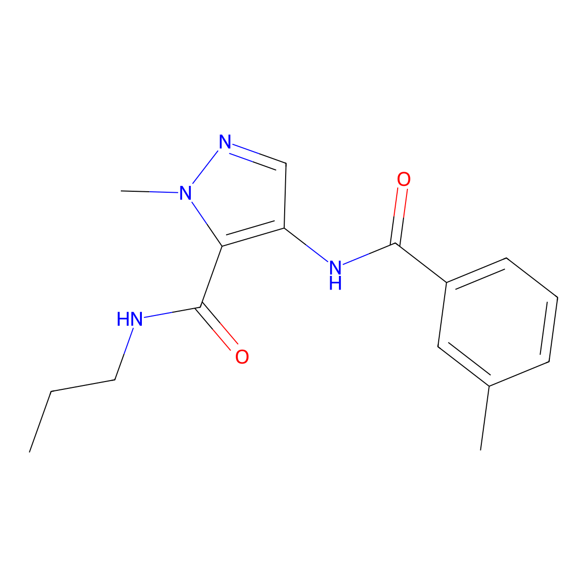 2-methyl-4-[(3-methylbenzoyl)amino]-N-propylpyrazole-3-carboxamide molecular structure, CAS 1005696-45-6