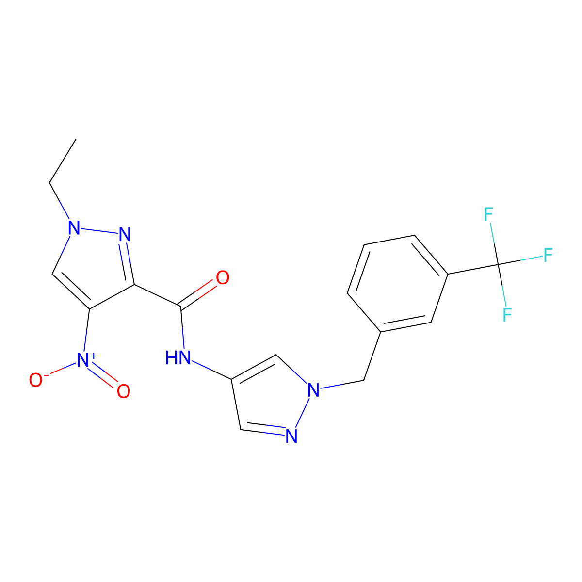1-ethyl-4-nitro-N-[1-[[3-(trifluoromethyl)phenyl]methyl]pyrazol-4-yl]pyrazole-3-carboxamide molecular structure, CAS 1005696-63-8