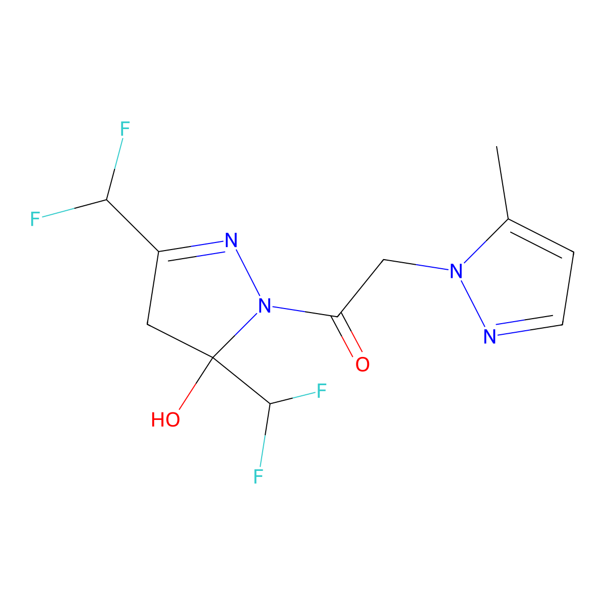1-[3,5-bis(difluoromethyl)-5-hydroxy-4,5-dihydro-1H-pyrazol-1-yl]-2-(5-methyl-1H-pyrazol-1-yl)ethanone molecular structure, CAS 1005696-75-2
