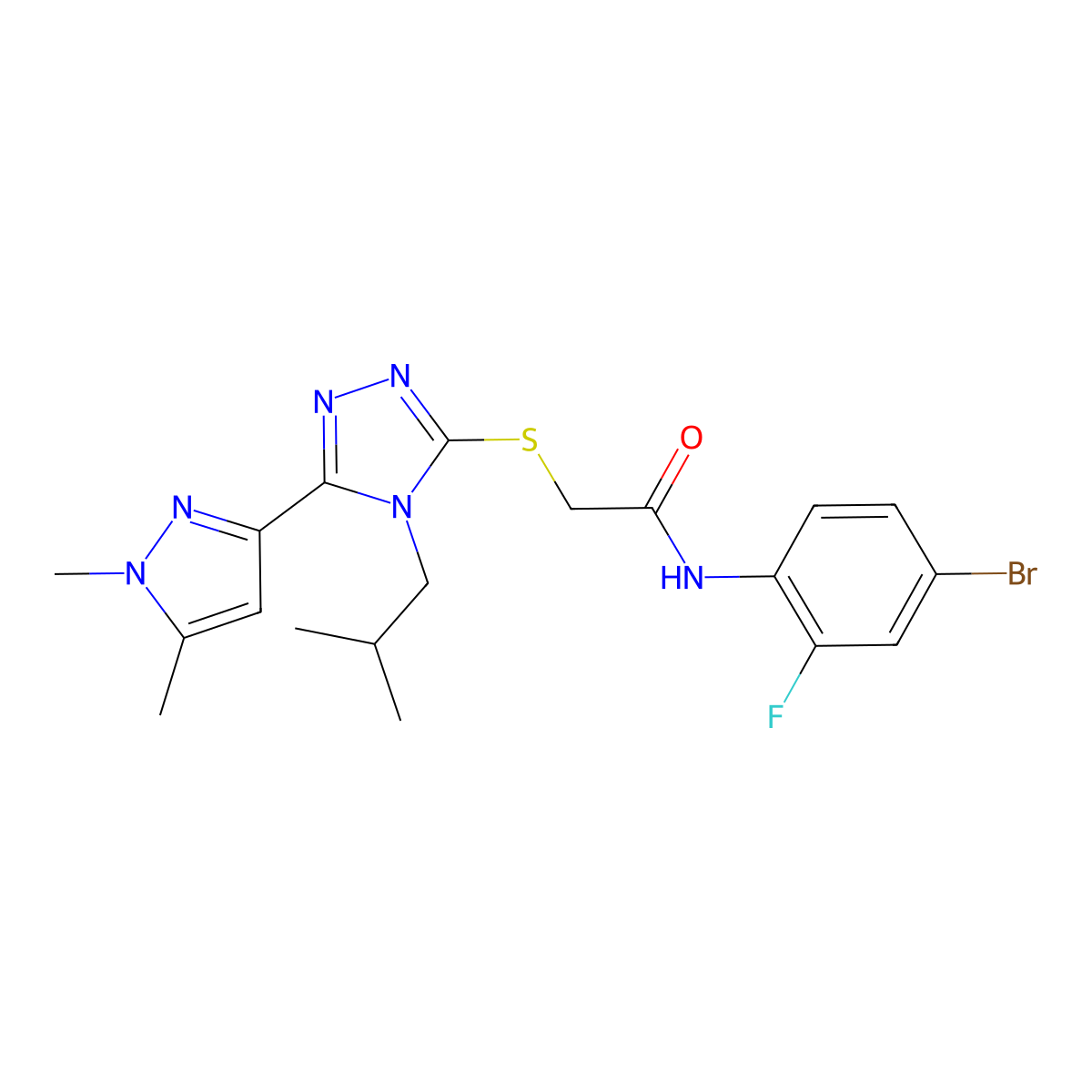 N-(4-bromo-2-fluorophenyl)-2-{[5-(1,5-dimethyl-1H-pyrazol-3-yl)-4-(2-methylpropyl)-4H-1,2,4-triazol-3-yl]sulfanyl}acetamide molecular structure, CAS 1005697-22-2
