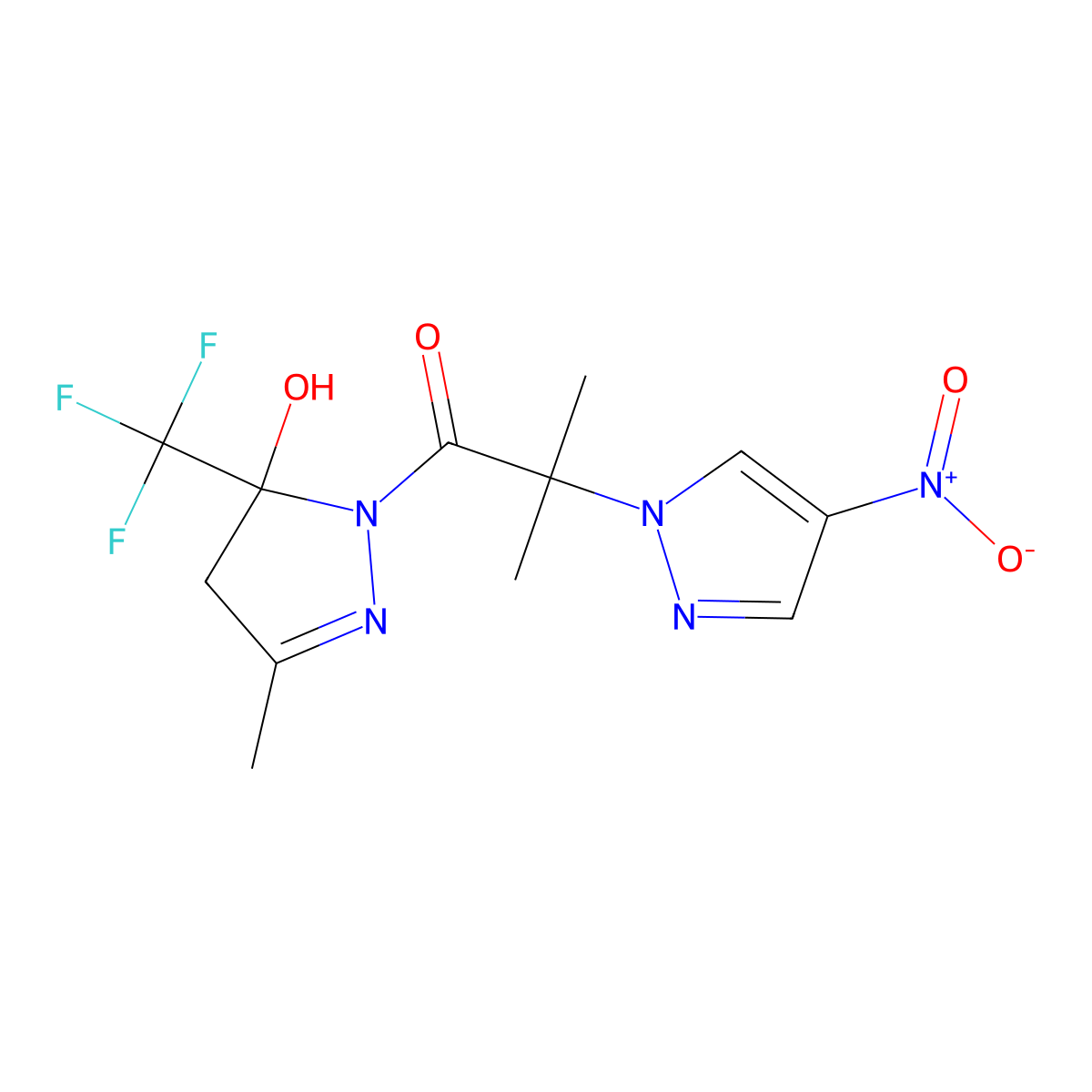 1-[5-hydroxy-3-methyl-5-(trifluoromethyl)-4H-pyrazol-1-yl]-2-methyl-2-(4-nitropyrazol-1-yl)propan-1-one molecular structure, CAS 1005697-37-9