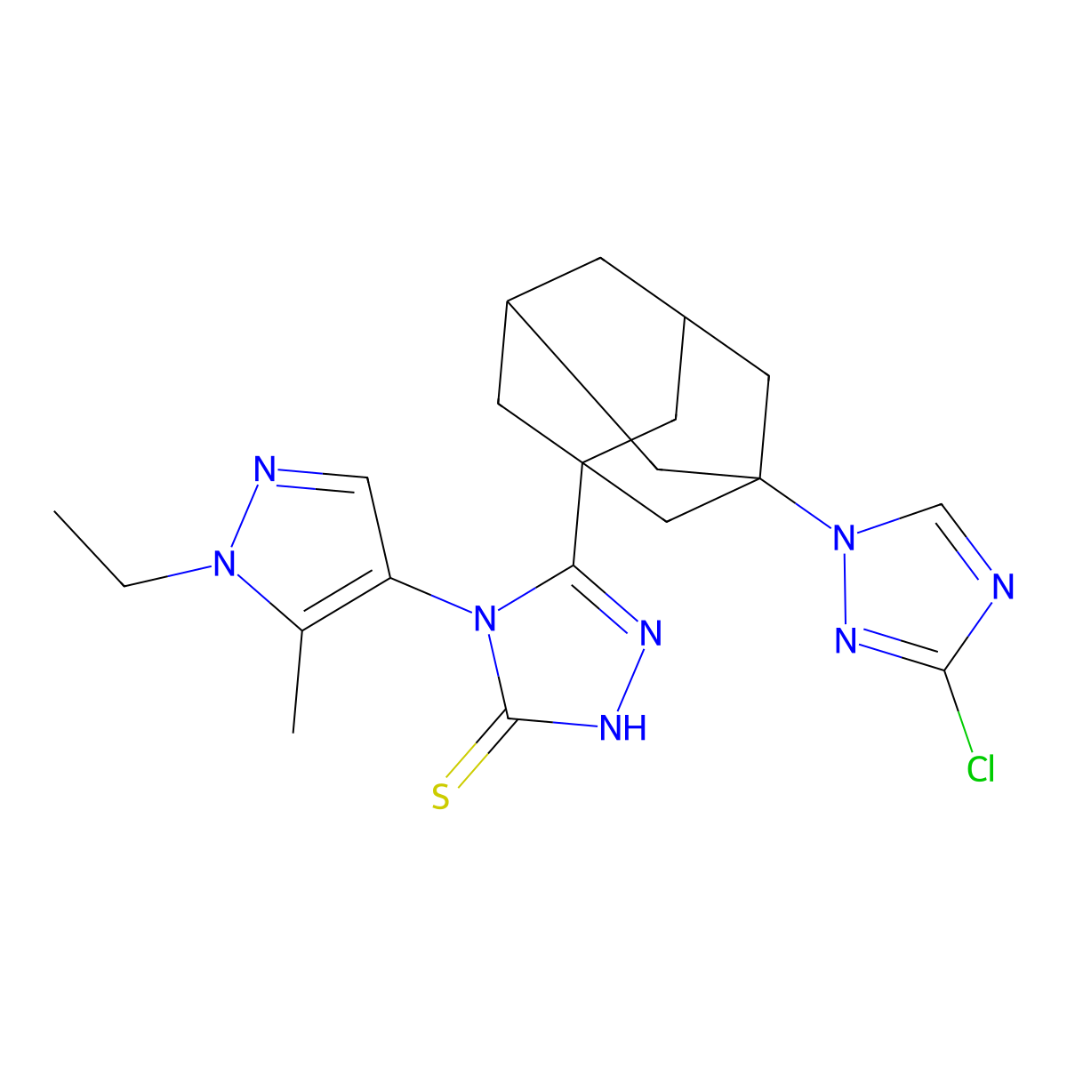 3-[3-(3-chloro-1,2,4-triazol-1-yl)-1-adamantyl]-4-(1-ethyl-5-methylpyrazol-4-yl)-1H-1,2,4-triazole-5-thione molecular structure, CAS 1005697-76-6