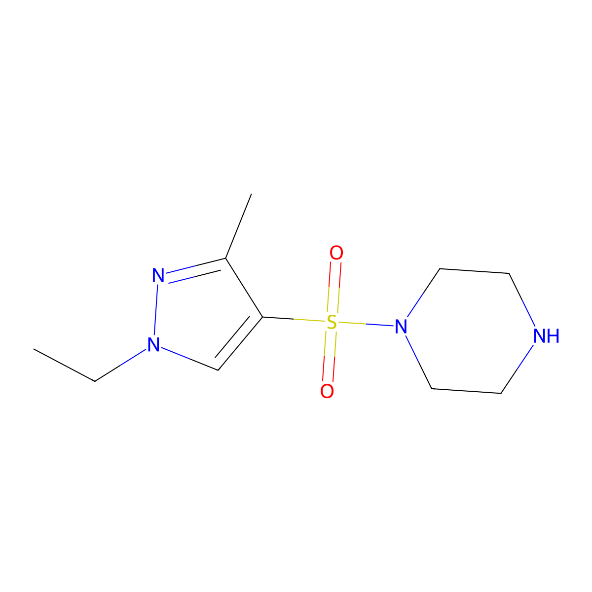 1-((1-Ethyl-3-methyl-1H-pyrazol-4-yl)sulfonyl)piperazine molecular structure, CAS 1005697-97-1