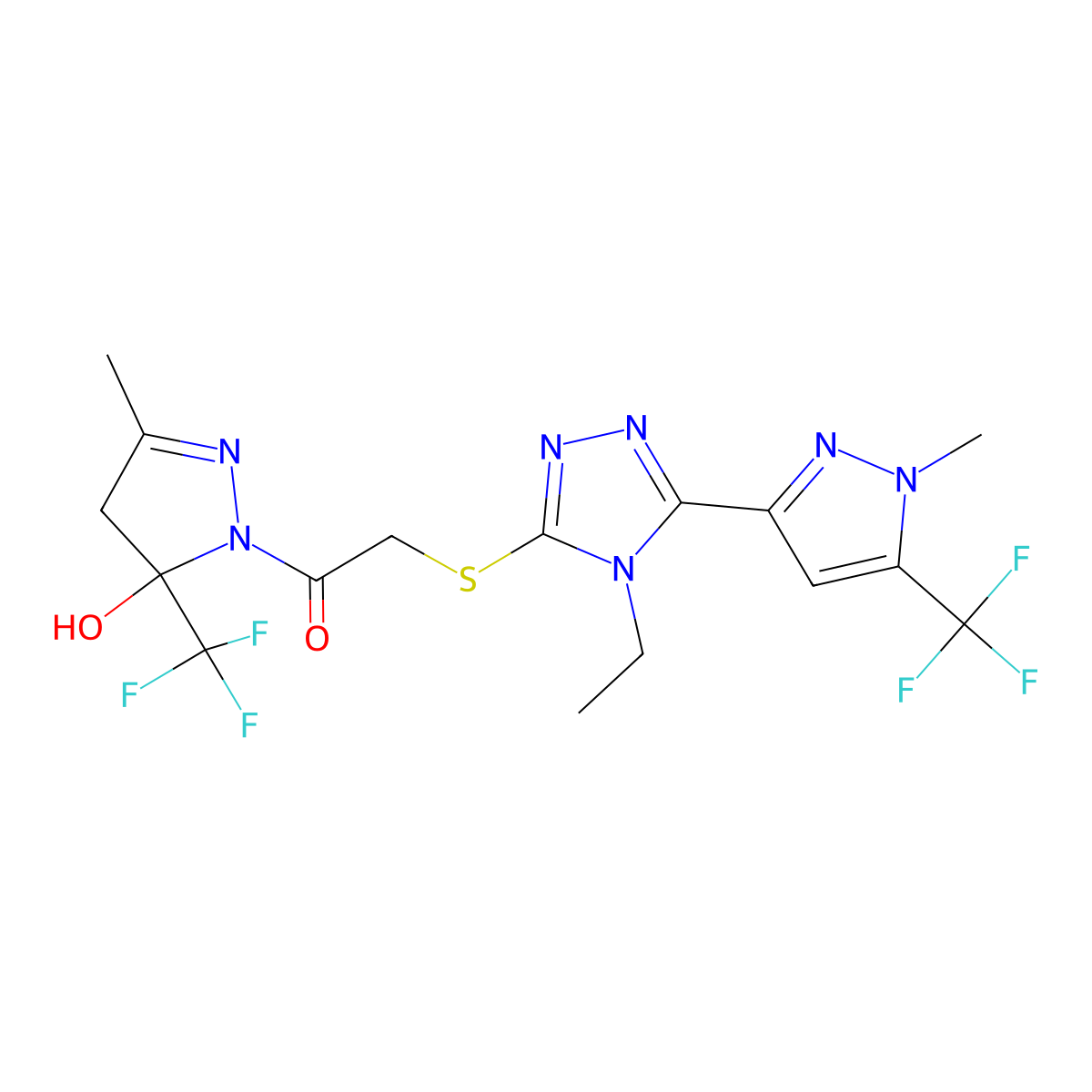 2-[[4-ethyl-5-[1-methyl-5-(trifluoromethyl)pyrazol-3-yl]-1,2,4-triazol-3-yl]sulfanyl]-1-[5-hydroxy-3-methyl-5-(trifluoromethyl)-4H-pyrazol-1-yl]ethanone molecular structure, CAS 1005697-99-3